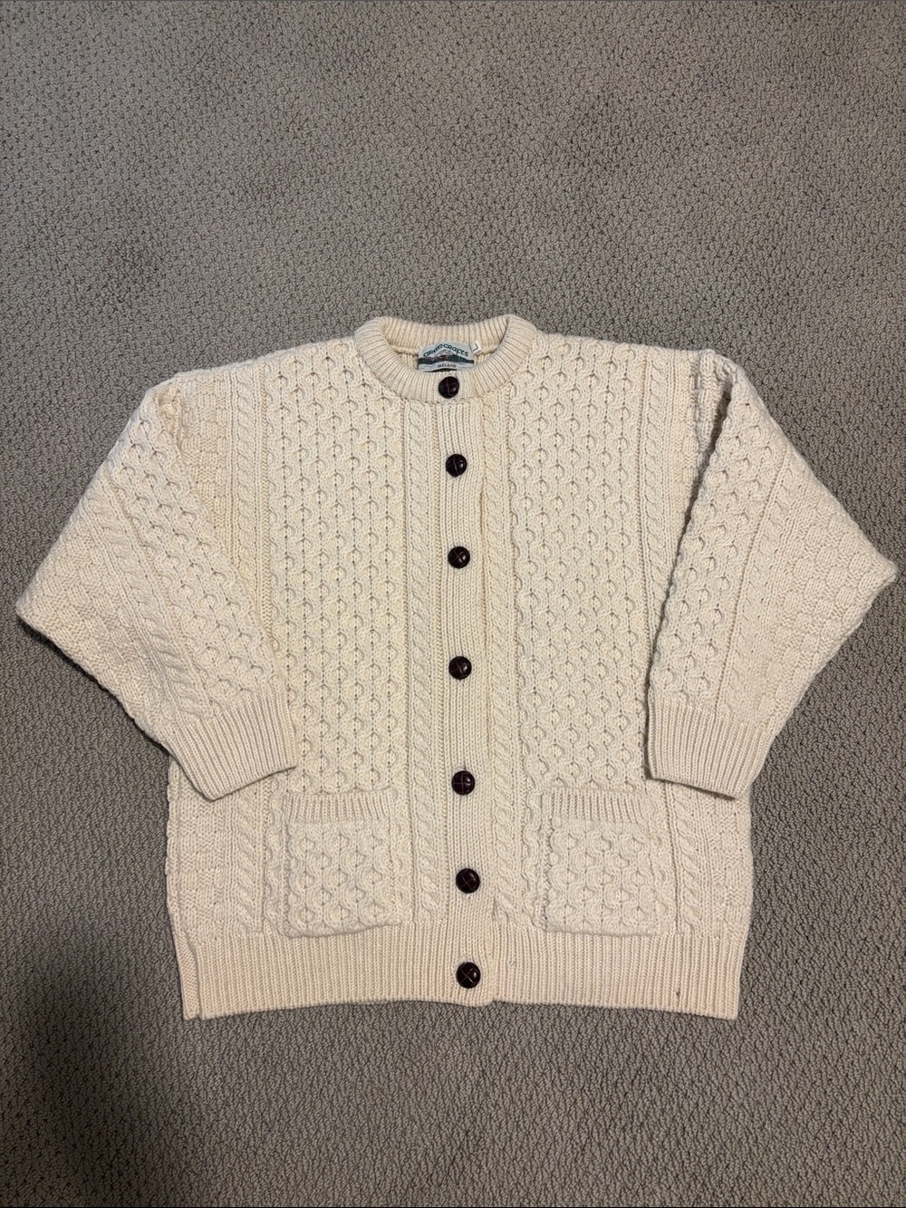 Aran Crafts Ireland Wool Cardigan Womens Large Cream Color Fisherman Cable Knit
